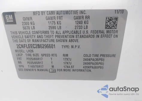 2011 Chevrolet Equinox 1Lt z USA, uszkodzony, nr VIN 2CNFLEEC2B6296601